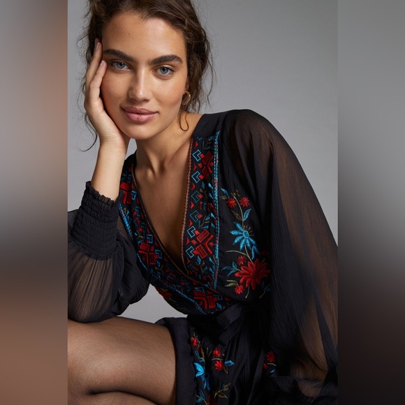 Anthropologie Not So Serious by Pallavi Mohan Embroidered Mini Wrap Dress NWT - Picture 3 of 10